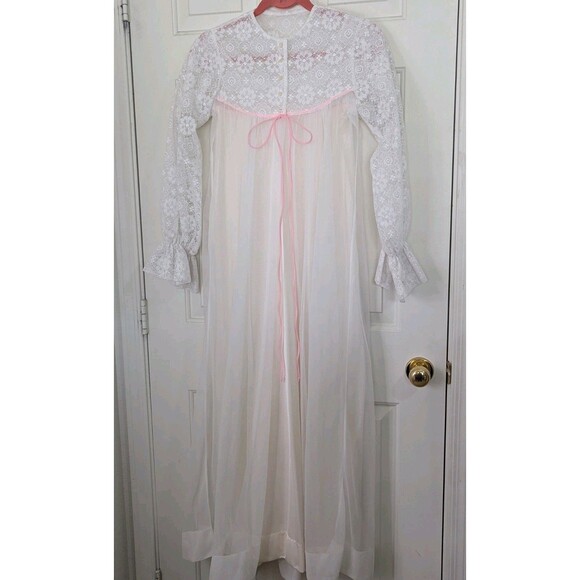 VTG Le Voys Night Gown Sheer Robe Peignoir Set Small Petite White Lace Wedding - Picture 1 of 16